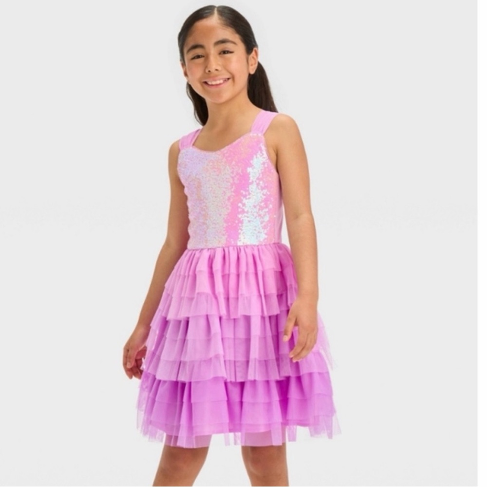 Cat and Jack Pink and Purple Sequence Tiered Dress worn twice girls size XS 4/5